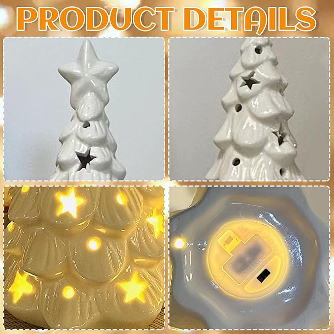 White Ceramic Christmas Trees with Lights, 2Pcs Light Up Table Top Porcelain Christmas Tree, Tabletop Mini Xmas Tree Figurines for Modern Home Decoration