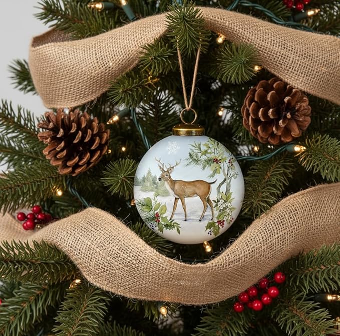 Winter Deer Ornament – Hand-Painted Woodland Buck Scene – Whitetail Glass Deer Christmas Ornament – 3" Round Collectible – Deer Hunting Gift