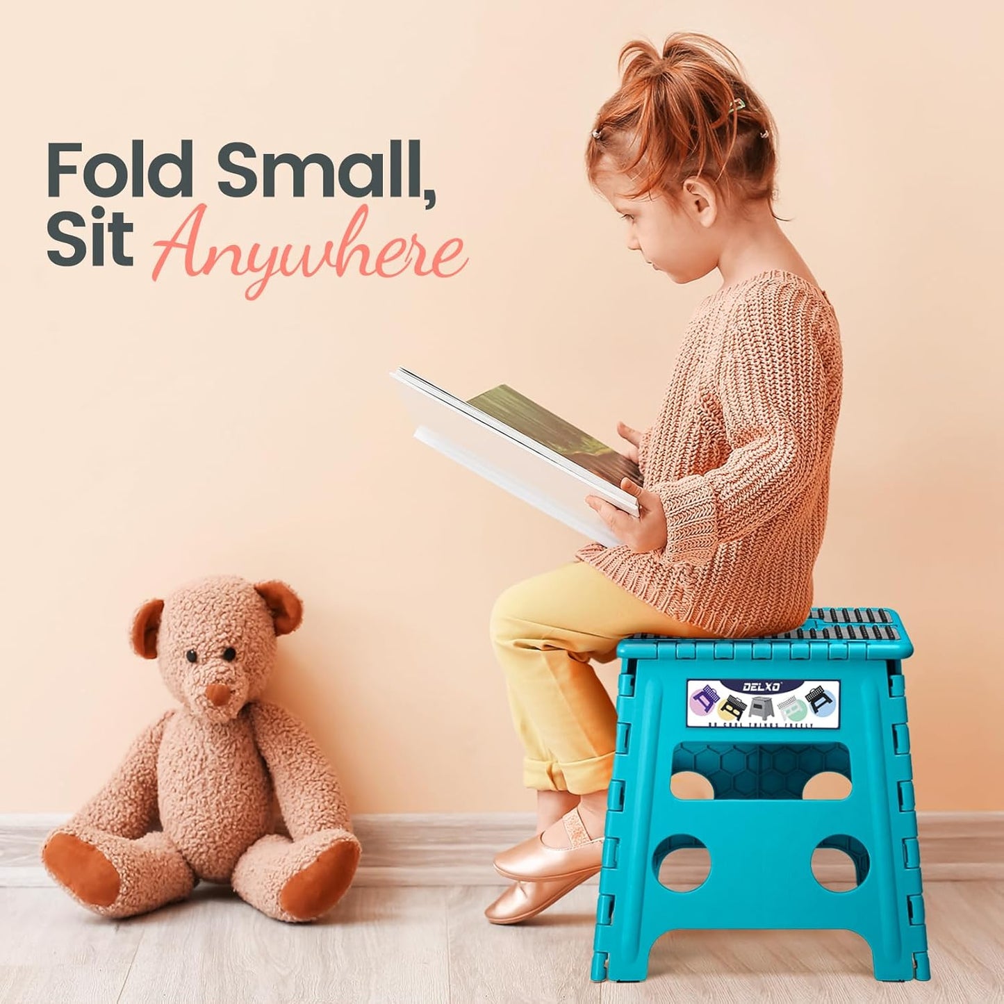 Delxo Folding Step Stool 13 Inch Non-Slip Foldable Stools for Kids & Adults Up to 300 LBS Kitchen Collapsible Fold Up Stepping Stool with Dotted 1 Pack Blue