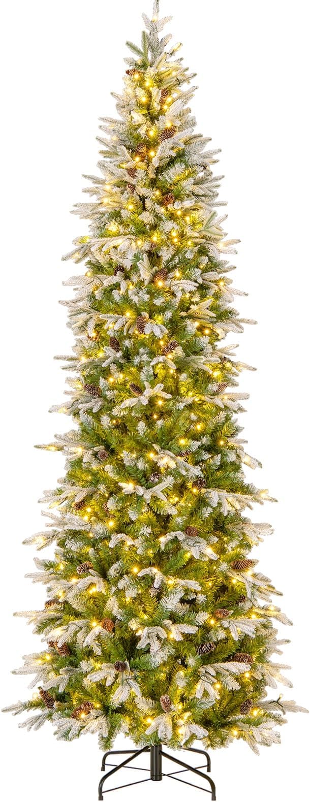 GOFLAME 9 FT Pre-Lit Pencil Christmas Tree Snow Flocked, Slim Artificial Xmas Tree with 1310 Branch Tips, 470 LED Lights, 98 Natural Pine Cones, Hinged Holiday Decoration Tree for Home Office