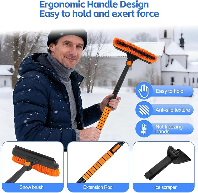 5-in-1 Ice Scrapers Snow Shovel Snow Brush Kit, 41" Ice Scrapers for Car Windshield with 180° Pivoting Brush Head & Squeegee, Extendable Aluminum Foam Grip for Cars, SUVs, Trucks - Orange