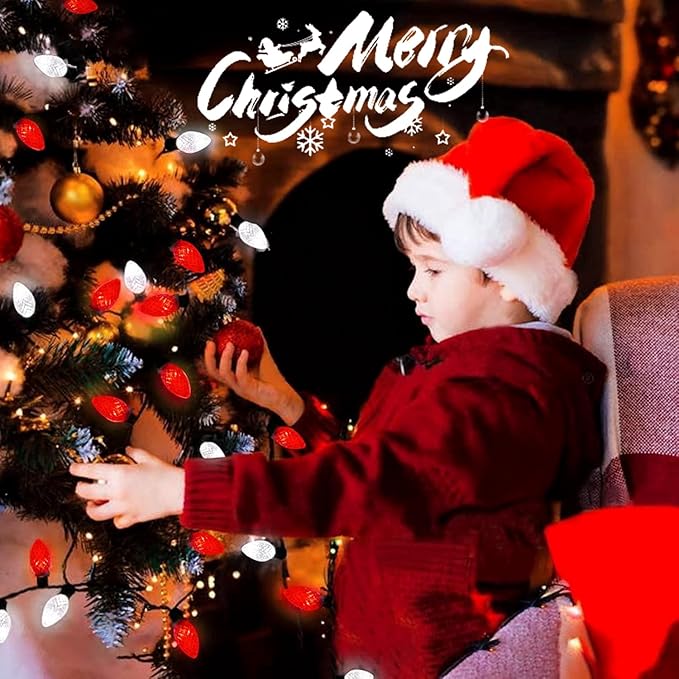 2-Pack Connectable Red and White C9 Christmas LED String Lights, Total 66 FT 100 LED Christmas Lights Plug in with 29V Safe Adapter, Waterproof Decorative Lights Indoor Outdoor for Xmas Decorations