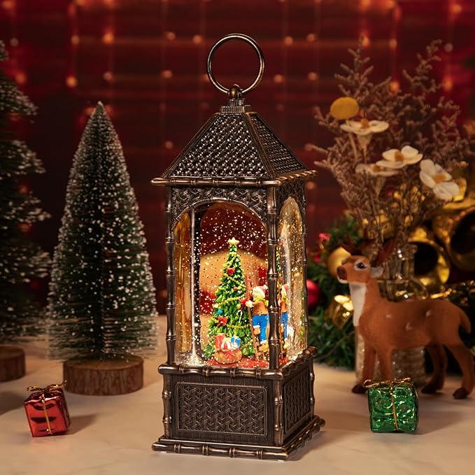Christmas Snow Globes,Swirling Music Box Christmass Trees with 8 Songs & 6H Timer,Battery Operated & USB Powered Christmas Lanterns for Indoor Holiday Table Party Gifts (Children Climbing Trees)