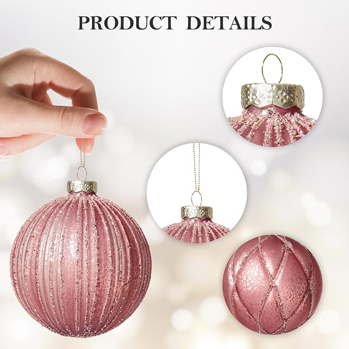 DN DECONATION 4PCS Christmas Ball Ornaments Set – 4” Pink Glass Hanging Ball Ornaments Set for Christmas Tree with Shimmering Silver Lines, Winter Decor Holiday Party Xmas Decorations