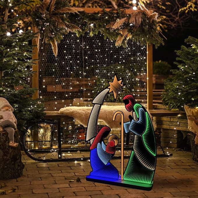 hogardeck Nativity Scene for Christmas Decorations, 4FT Christmas Nativity Scene Infinity Mirror Tunnel Light, 3D Endless Extension Holy Family for Home Indoor Living Room Outdoor Yard Garden Decor