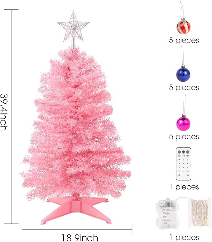 3Ft Christmas Tree with Lights, Table Christmas Tree with 50 LED 12 Modes, 3D Star, 15 Hanging Ball Ornaments, Small Prelit Xmas Tree for Tabletop, Home and Office (Pink)