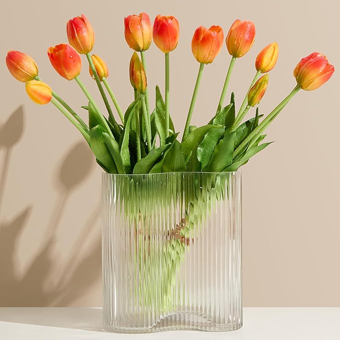 15 Pcs Orange Tulips Artificial Flowers Faux Tulips Real Touch Latex Fake Flower Bouquet for Spring Wedding Home Décor Centerpiece Arrangements