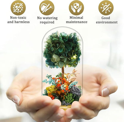 Preserved Flower Glass Dome with LED Lights, Handmade Hydrangea Tree and Eternal Rose Arrangement on Wood Base, for All Festivals,for You to Send Love for All Occasions(Dark Green)