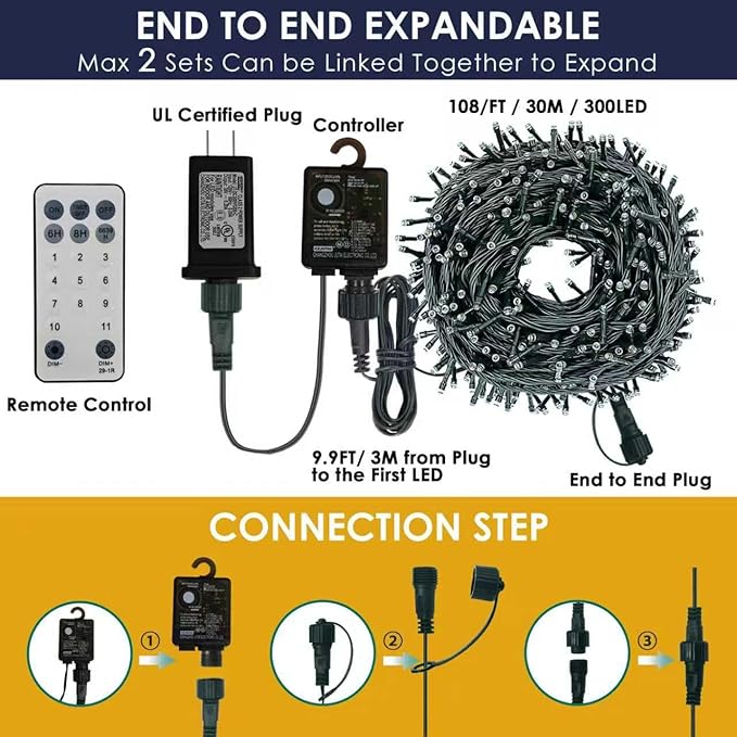 Decute 300LED Christmas Tree Lights Outdoor Indoor String Lights 108FT Extendable, 11 Modes 4 Colors Changing Waterproof Twinkle Fairy Lights Party Decor with Timer Remote(Warm White & 3 Multicolors)