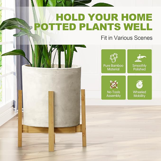 Adjustable Plant Stand Indoor with Detachable Wheels Bamboo Mid Century Modern Plants Stands Expandable Plug in Assemble Flower Pot Stand,Fit 9.25" to 11.61", Natural