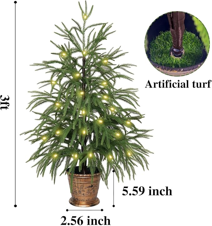 XmasExp 3ft Norfolk Pine Tree Artificial Faux Potted Real Touch Christmas Tree for Front Porch Indoor Outdoor Decor (Light Green)
