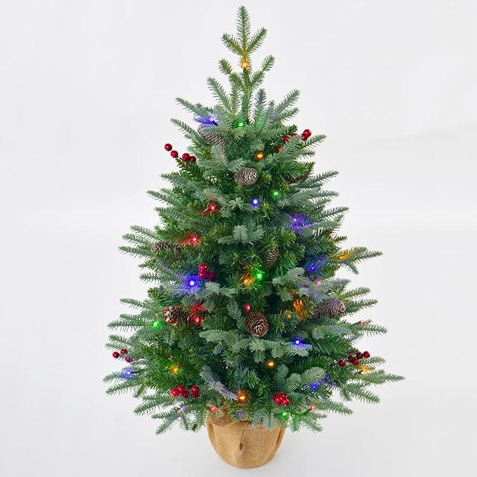 3FT Pre-lit Artificial Small Mini Christmas Tree with Warm White Multi-Color LED Lights, Remote Control and Timer, Perfect for Xmas Tabletop Decorations, Home, Kitchen, Dining Table top Blue