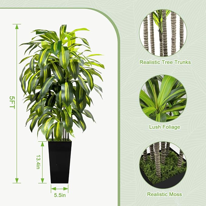 5FT Tall Fake Plant Artificial Dracaena Tree with Black Planter Faux Plants Indoor Living Room Artificial Plants Indoor Decor Large Fake Plant