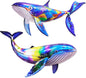 ULENDIS 2 Pack Metal Whales Wall Decor, Bright Color Nautical Metal Fish Wall Art, Wall Hanging Decorations Ocean Theme Outdoor Wall Decor for Patio Garden Yard Pool Fence