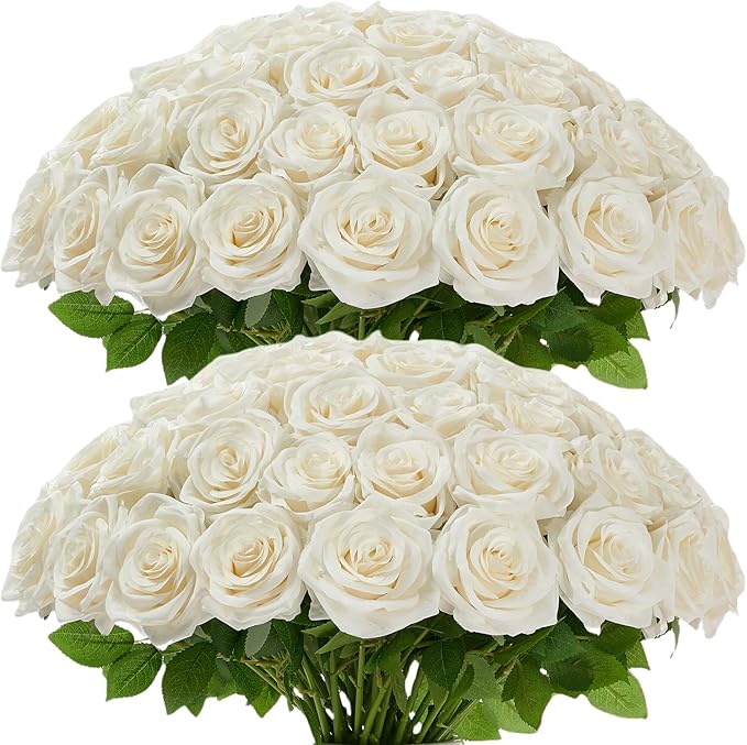 50pcs Ivory Roses Artificial Flowers Bulk Fake White Roses Silk Flower with Stems Realistic Flowers for Wedding Centerpiece Party Birthday Decor