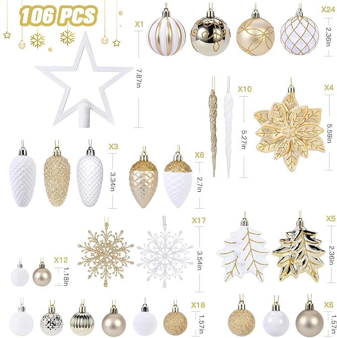SHareconn 106PCS Christmas Balls Ornaments Set, Colorful Shatterproof Plastic Decorative Baubles for Xmas Tree Decor Holiday Wedding Party Decoration with Hanging Hooks, Gold &White