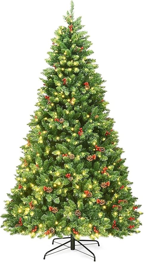 Happygrill 7.5 Feet Christmas Tree Hinged Artificial Christmas Tree with Sturdy Metal Stand Pine Cones and Red Berries, 1526 Branch Tips Xmas Tree for Home Office
