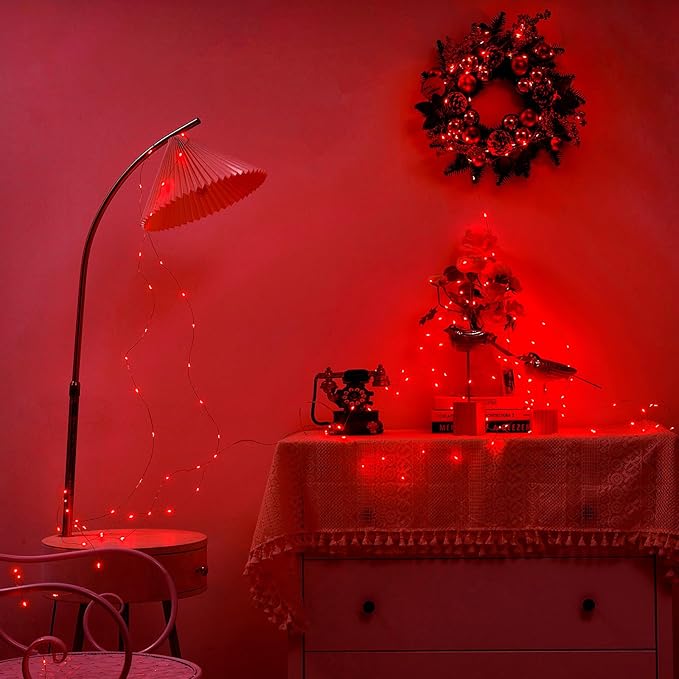 1 Pack 16.4ft Battery Operated String Lights with Timer, Red with Synchronized Twinkle Mode, Fairy Lights Battery Powered, 50 LEDs, Idea for Christmas Bedroom Party Wedding