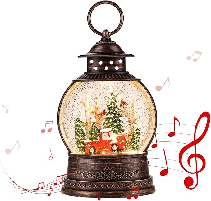 Christmas Snow Globes,Swirling Music Box Christmass Trees with 8 Songs & 6H Timer,Battery Operated & USB Powered Christmas Lanterns for Indoor Holiday Table Party Gifts