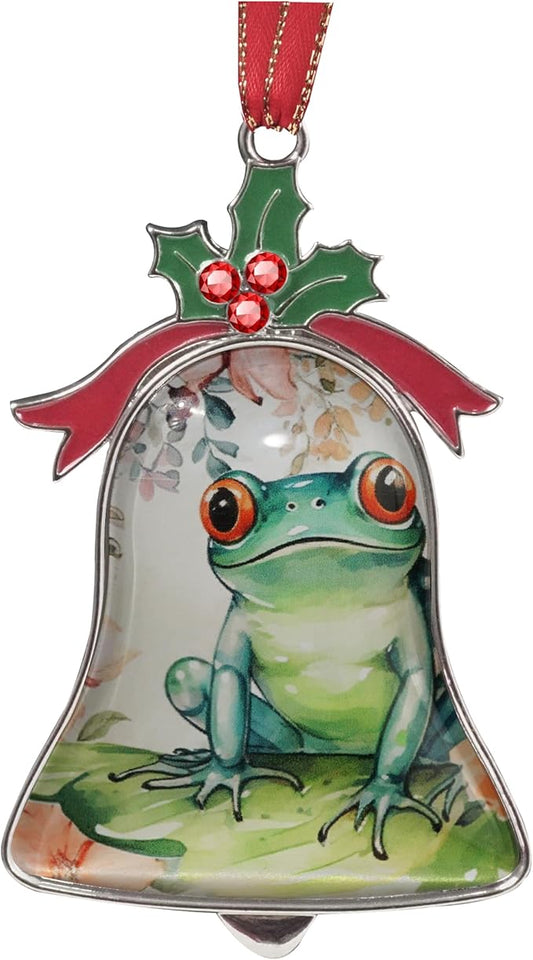 Christmas Ornament Bell Pendant Decorative Metal Glass Hanging Christmas Bell Ornaments for Home Decoration Party Decor (Cute Frog Flower)