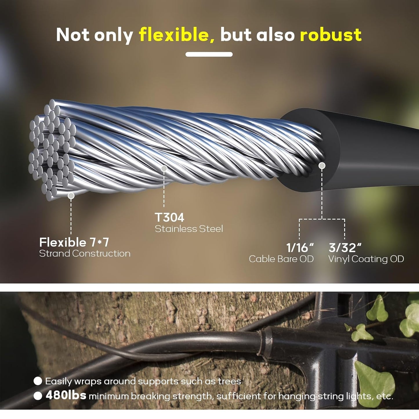Vinyl Coated Wire Rope 1/16 Inch Overmolded to 3/32 Inch, 500FT 304 Stainless Steel Cable with 150 Pcs Crimping Sleeves for String Light Hanging Kit, Clotheslines and Trellis Wire