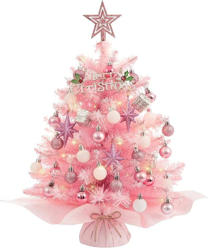 XmasExp 20in Mini Christmas Tree with Lights Pink Small Christmas Tree Artificial Tabletop Xmas Decor Holiday Decoration for Home, Office, Party