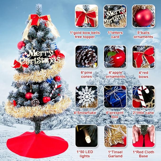 3ft Christmas Tree with Lights, Christmas 36inch Small Artificial Tabletop Tree, Xmas Desk Mini Tree with 50 LED Lights, Hanging Ornaments Decorations, Holiday Tree for Home Decor, Indoor, Office