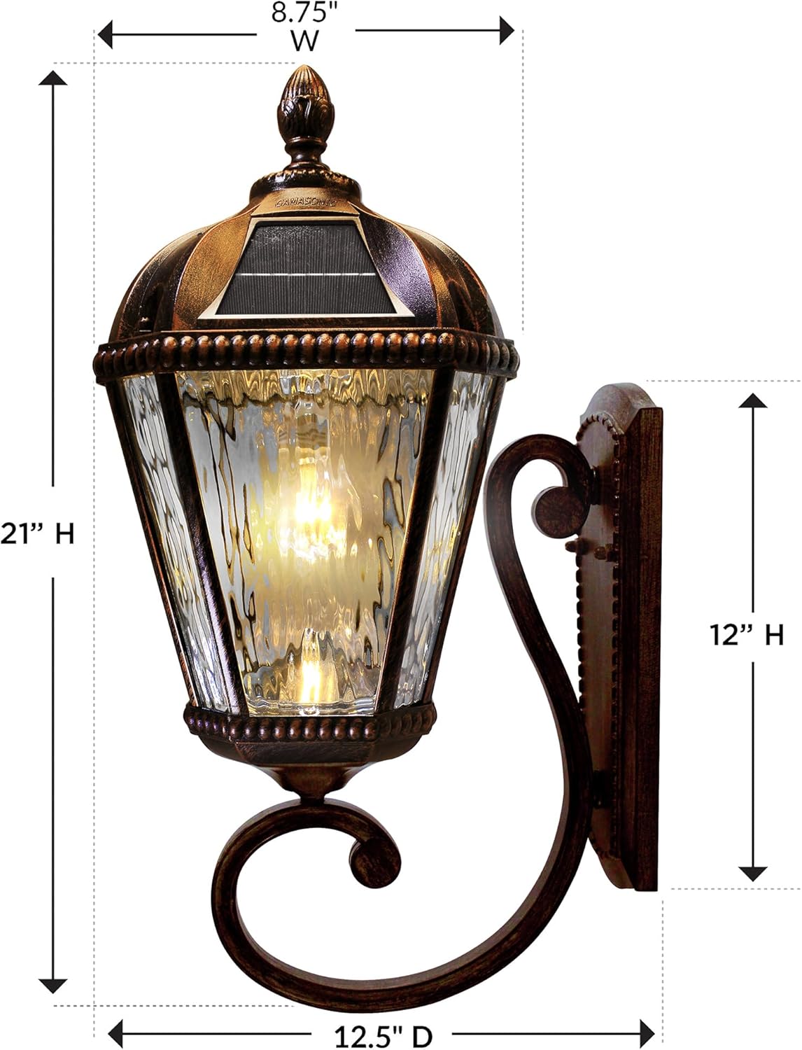 Gama Sonic Solar Outdoor Wall Light, Royal Bulb Exterior Sconce Lamp, Brushed Bronze Finish Aluminum, Clear Beveled Glass, Warm White LED, Large 21-Inch Height, 98B110 Upgraded Panel and Battery