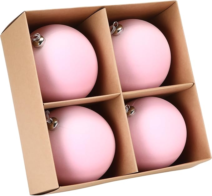 Sea Team 4-Pack Large Flocked Velvet Christmas Tree Ball Ornaments Set, Hanging Velour Baubles, Shatterproof Plastic Decorations for Xmas Tree, Wreath, Garland, 150mm/5.91 Inches, Pink