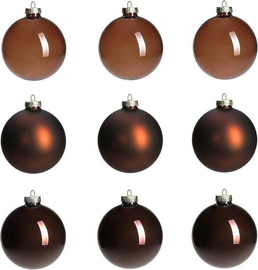 Brown Glass Christmas Ball Ornaments for Xmas Tree, 3.15” Christmas Hanging Ornaments Set of 9 Xmas Baubles for Holiday Party Decorations Gifts