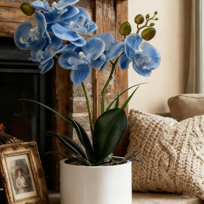 Jusdreen Artificial Blue Orchid in Ceramic Pot, Realistic Phalaenopsis Arrangement with Potting for Home Office Table Decor, 14.5 Inch Flower Centerpiece