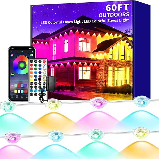 Permanent Outdoor Lights 60FT Smart Outside RGB LED Christmas Light, App Control Remote IP67 Waterproof Eternity Eaves Lighting for Halloween，House，Patio Decor ，Garden Decor, Decorations