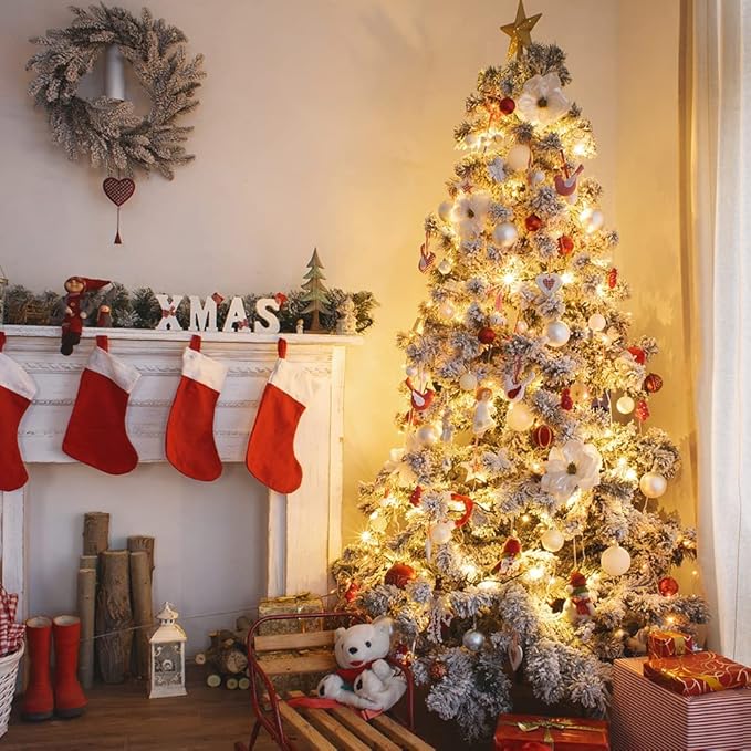 6Ft Snow Christmas Tree, Flocked Christmas Tree, White and Green Christmas Tree with 700 Tips, Solid Metal Legs for Indoor Outdoor 1.8m