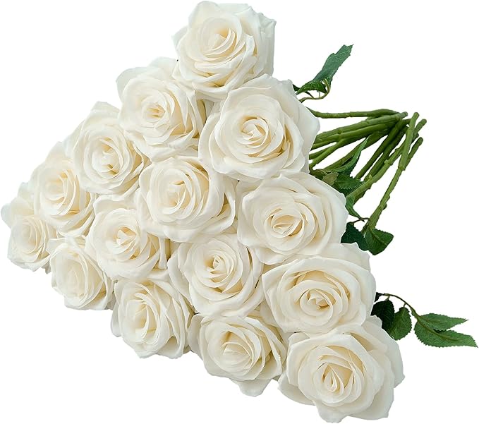 15pcs Ivory Roses Artificial Flowers Silk Fake Flowers Realistic White Roses Bouquet Long Stem for Wedding Home Party Birthday Decoration