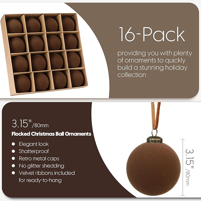 Sea Team 16-Pack Flocked Velvet Christmas Tree Ball Ornaments Set, Hanging Velour Baubles, Shatterproof Plastic Decorations for Xmas Tree, Wreath, Garland, 80mm/3.15 Inches, Brown