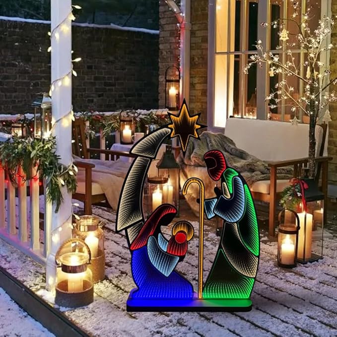 hogardeck Nativity Scene for Christmas Decorations, 4FT Christmas Nativity Scene Infinity Mirror Tunnel Light, 3D Endless Extension Holy Family for Home Indoor Living Room Outdoor Yard Garden Decor