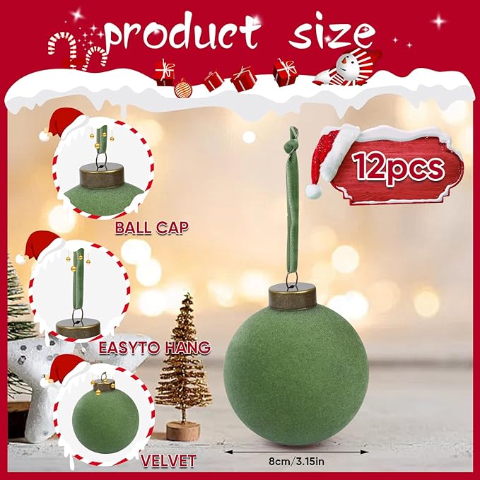 12 Pcs Velvet Christmas Balls Bulk Shatterproof Plastic Christmas Tree Decorations for Decorative Hanging Baubles (12, Green, 3.15Inch)