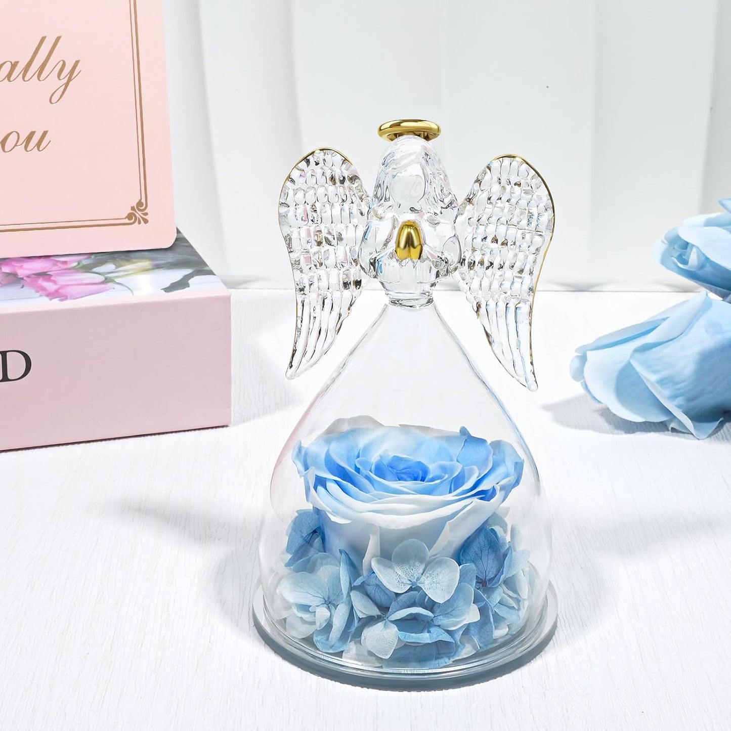 Yamonic Birthday Gifts for Mom Women, Angel Figurines with Real Rose Gifts for Her Mom Grandma, Mothers Day Preserved Flowers Rose for Christmas Valentine's Day (White+Blue)