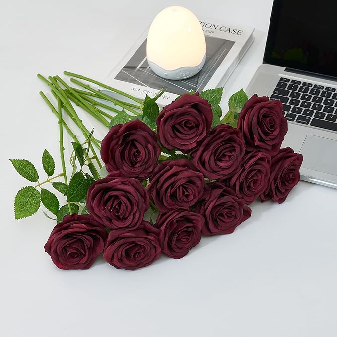 Carlita's Blooms 50pcs Burgundy Rose Artificial Silk Roses, Realistic, Long Lasting, Versatile for Weddings & Parties