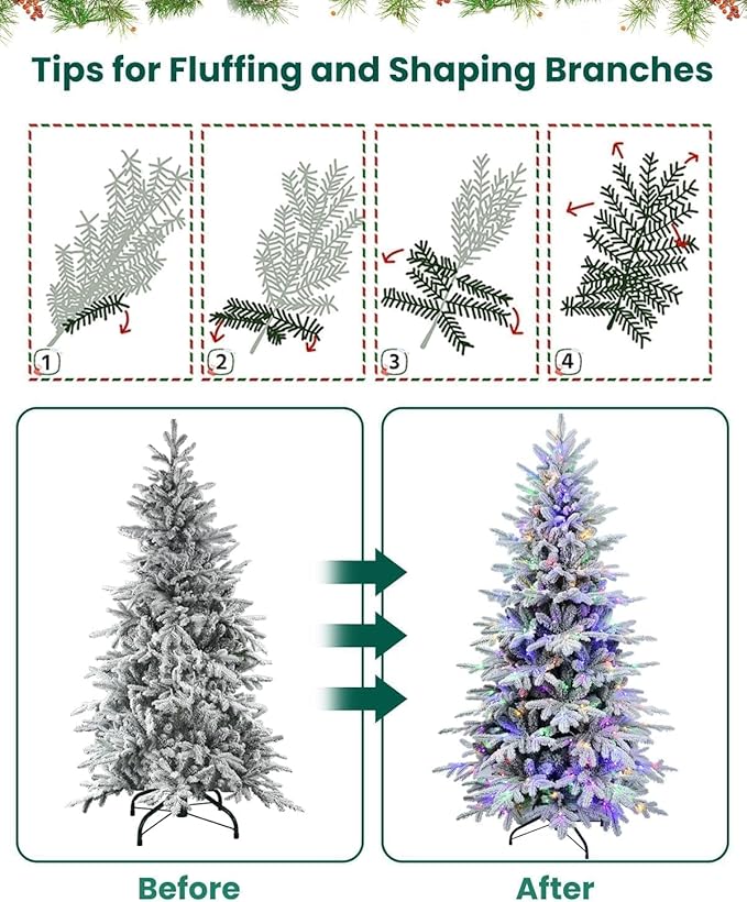 Prelit Flocked Christmas Tree 5 ft Leheyhey Frosted Artificial Christmas Tree with Multicolor Lights &1162 PE PVC Tips, White LED Xmas Tree with Snow, 9 Color Modes, Hinges, Seasonal Decor