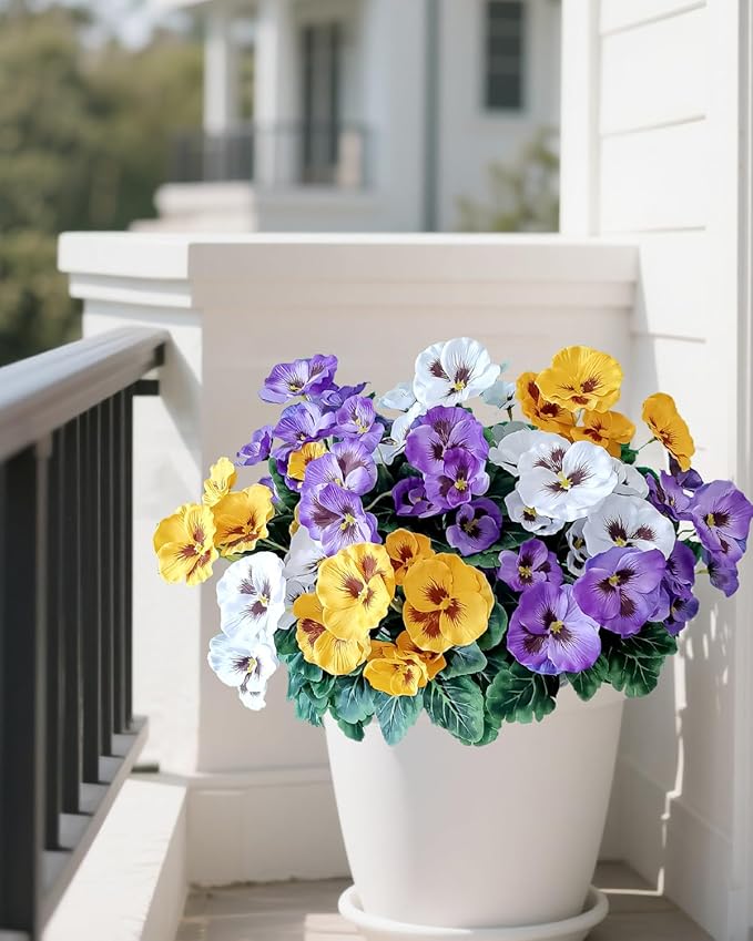 6 Bundles Outdoor Artificial Pansy Flowers - UV Resistant Silk Faux Pansies (Purple, Yellow, White) for Planter, Front Door, Porch, Yard, Patio, Window Box & Home Decor