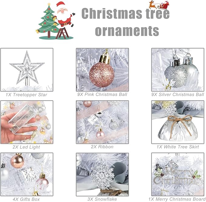 20" Mini White Christmas Tree, Artificial Mini Christmas Tree with Lights, Tabletop Christmas Tree with Star Treetop Snowflake Boxes and Ball Ornaments for DIY Christmas Decoration(White)