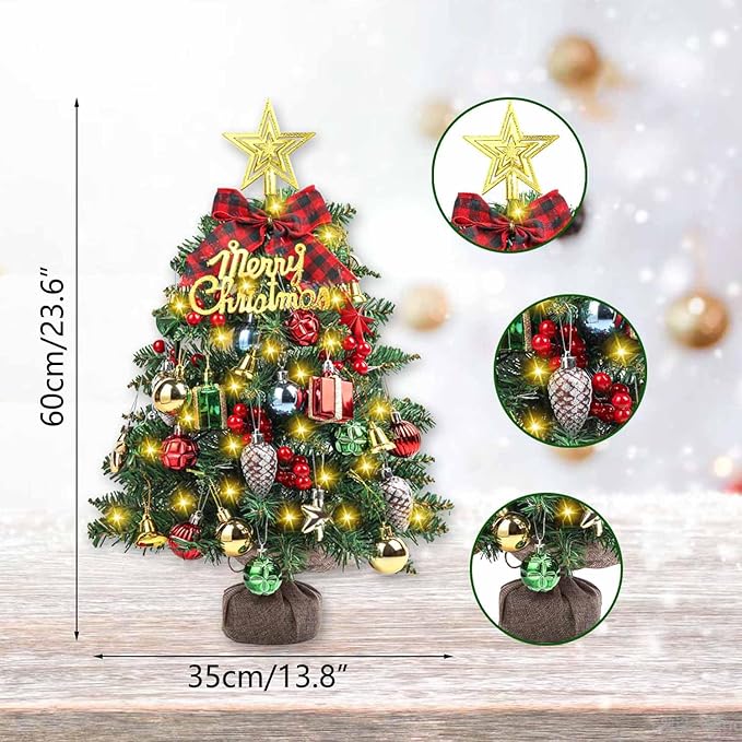 SVNVIOZ 2FT Small Tabletop Mini Artificial Christmas Tree with Lights, Red Green Ornaments - Xmas Tree for Holiday Home Decoration