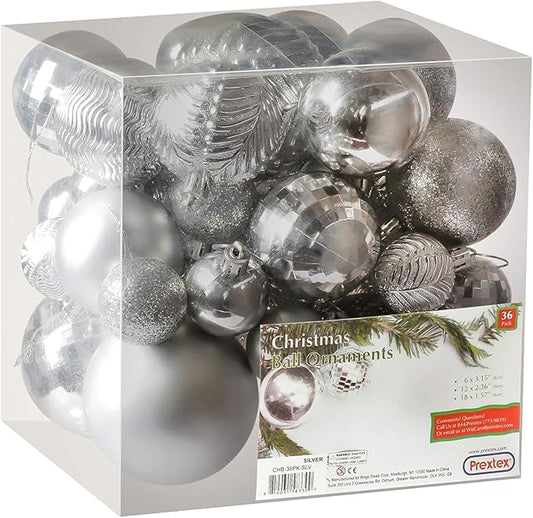 Prextex 36pc Silver Christmas Ornaments Set - Shatterproof Christmas Tree Ornaments in 3 Sizes and 6 Styles - Hanging Balls with Loops in Matte, Shiny, and Glitter Finishes for Indoor-Outdoor Display