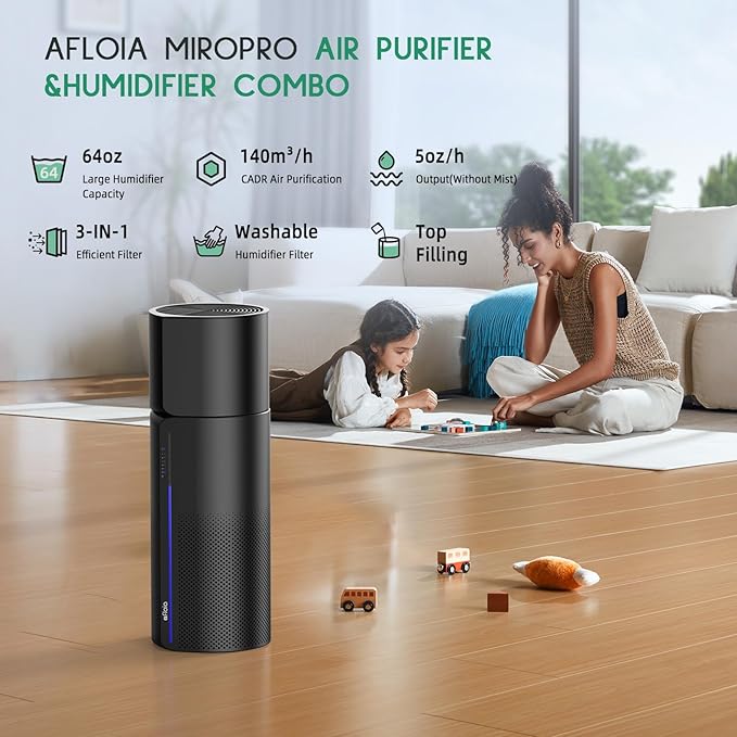 Afloia Air Purifier with Humidifier Combo, 2 in 1 3-Stage Filters for Bedroom Pets Hair Smoker Odors, Evaporative Humidifier, Auto Shut Off, Quiet Air Cleaner with Seven Color Light, Black