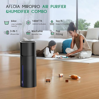 Afloia Air Purifier with Humidifier Combo, 2 in 1 3-Stage Filters for Bedroom Pets Hair Smoker Odors, Evaporative Humidifier, Auto Shut Off, Quiet Air Cleaner with Seven Color Light, Black