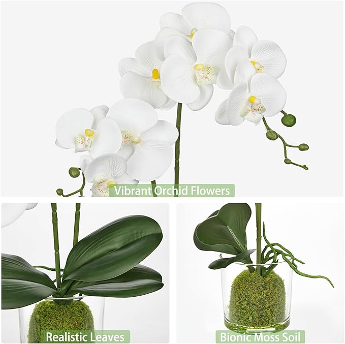 White Orchids Artificial Flowers 16.1" Faux Orchids Plant in Pot Fake Flower Arrangements with Glass Vases Small White Centerpieces for Kitchen Dining Room Tables Bathroom Nightstand Shelf Desk Decor