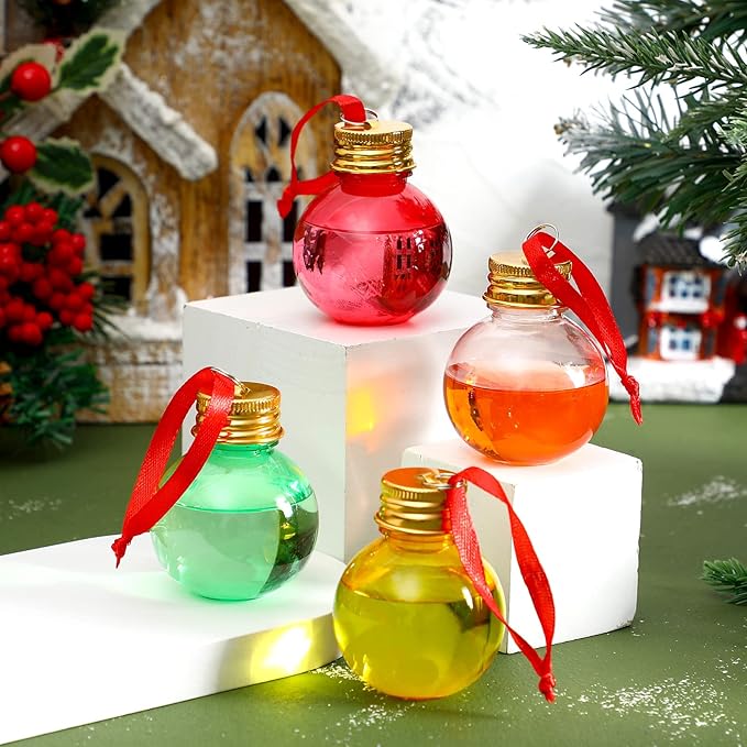 Patelai 18 Pcs Christmas Drink Balls Shot Glass Ornament Plastic Fillable Christmas Tree Ornaments Xmas Water Bottle Bulbs for Holiday Party Indoor Outdoor (Colorful)
