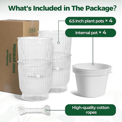 T4U 6 Inch Self Watering Pots for Indoor Plants, 4 Pack Self Watering Planter, Self Watering Pot with Reservoir, Clear Self Watering Pots for Indoor Plants, African Violets (4 Pack, 6", Clear)