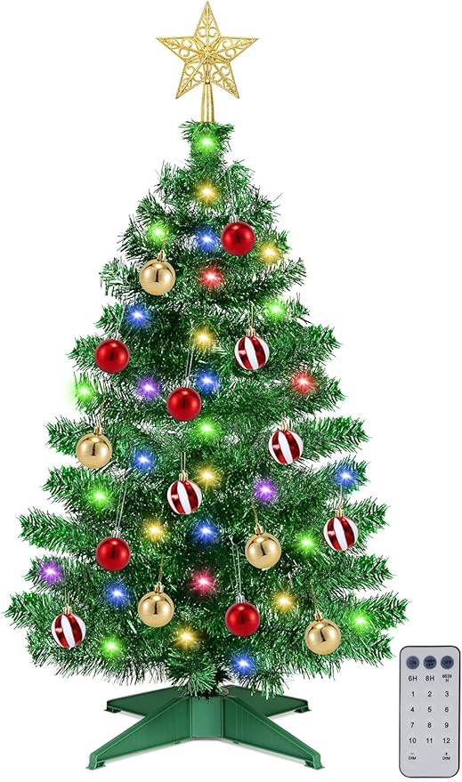 [ Timer & 12 Modes ] 3 Ft Green Christmas Tree with DIY 50 Warm White & Multi Color Lights 15 Ball Ornaments 3D Star Remote Control Battery Operated Pencil Full Tree Xmas Christmas Decorations Table